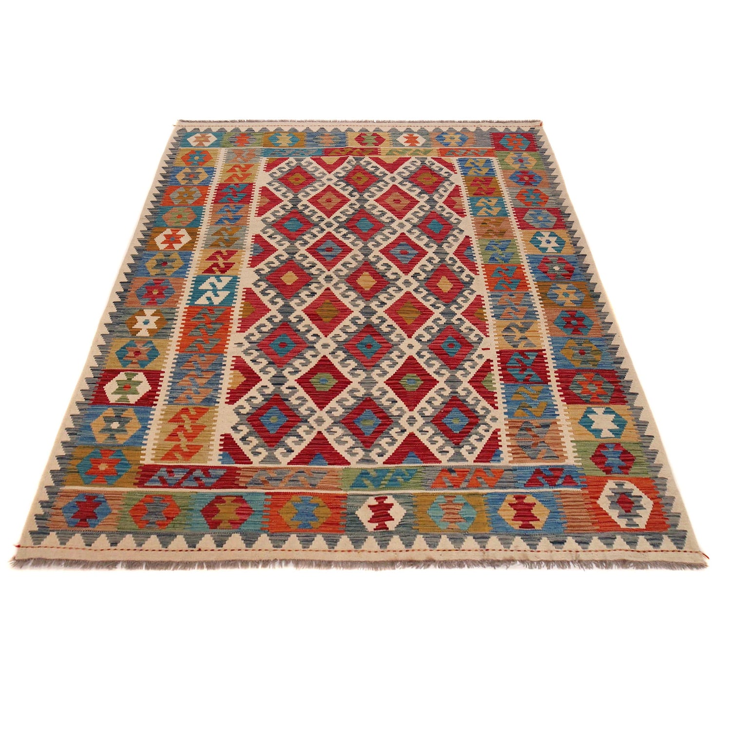 Handmade Turkish Design Wool Kilim 6' 0" x 7' 10" ft / 184 x 240 cm - No. B35923