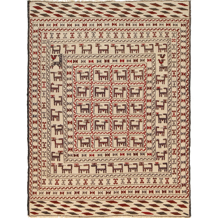 White Flat Weave Kelim 4' 4" x 6' 2" ft / 133 x 188 cm - No. G21970