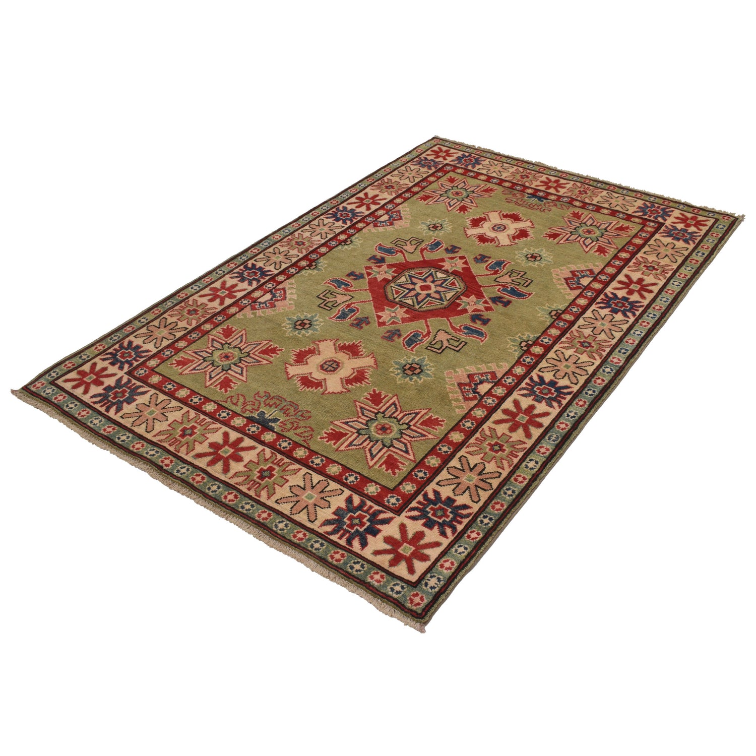 Green Color Kazak Rug 4' 0" x 6' 2" ft / 122 x 187 cm - No. G22649