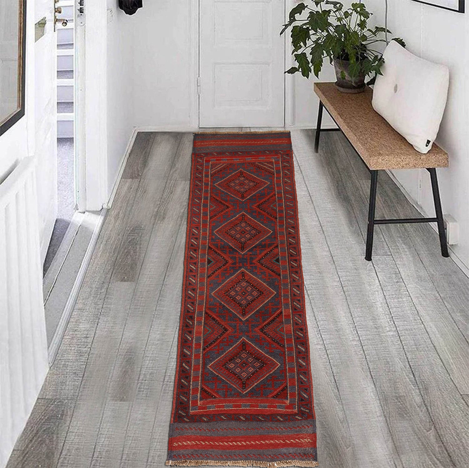 Handmade Afghan Runner Rug 2' 1" x 8' 0" ft / 63 x 244 cm - No. G24888