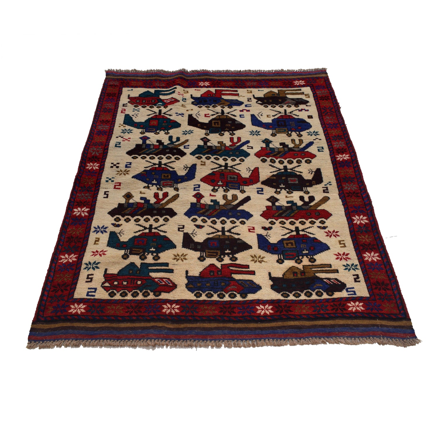 Handmade Afghan War Area Rug 3' 7" x 4' 10" ft / 110 x 148 cm - No. G25895