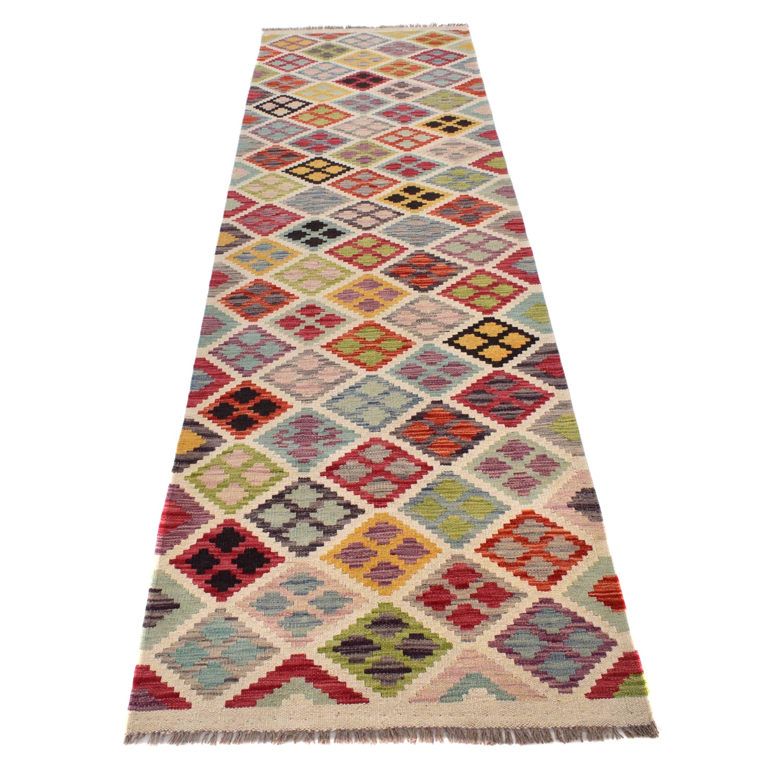 Colorful Flat-Weave Wool Kilim Runner 2' 9" x 9' 7" ft / 83 x293 cm - No. G28059