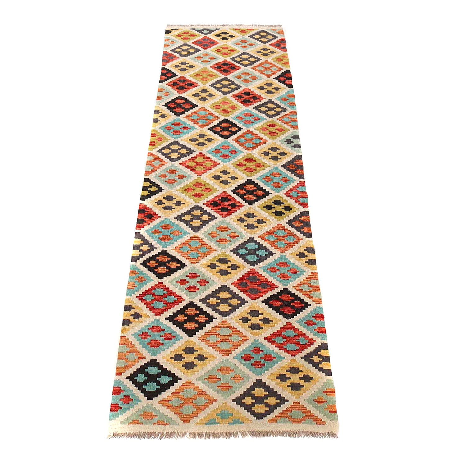 Colorful Flat-Weave Wool Kilim Runner 2' 6" x 9' 8" ft / 76 x295 cm - No. G28060