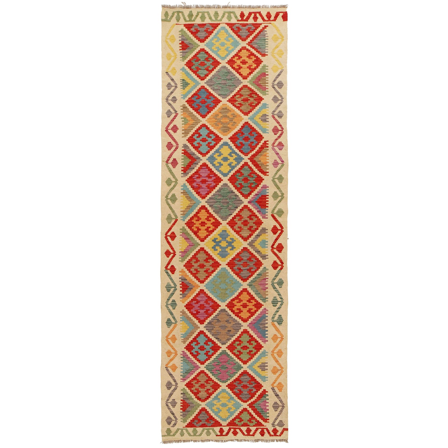 Hand Woven Wool Kelim Runner 2' 10" x 10' 5" ft / 85 x 318 cm - No. G31262