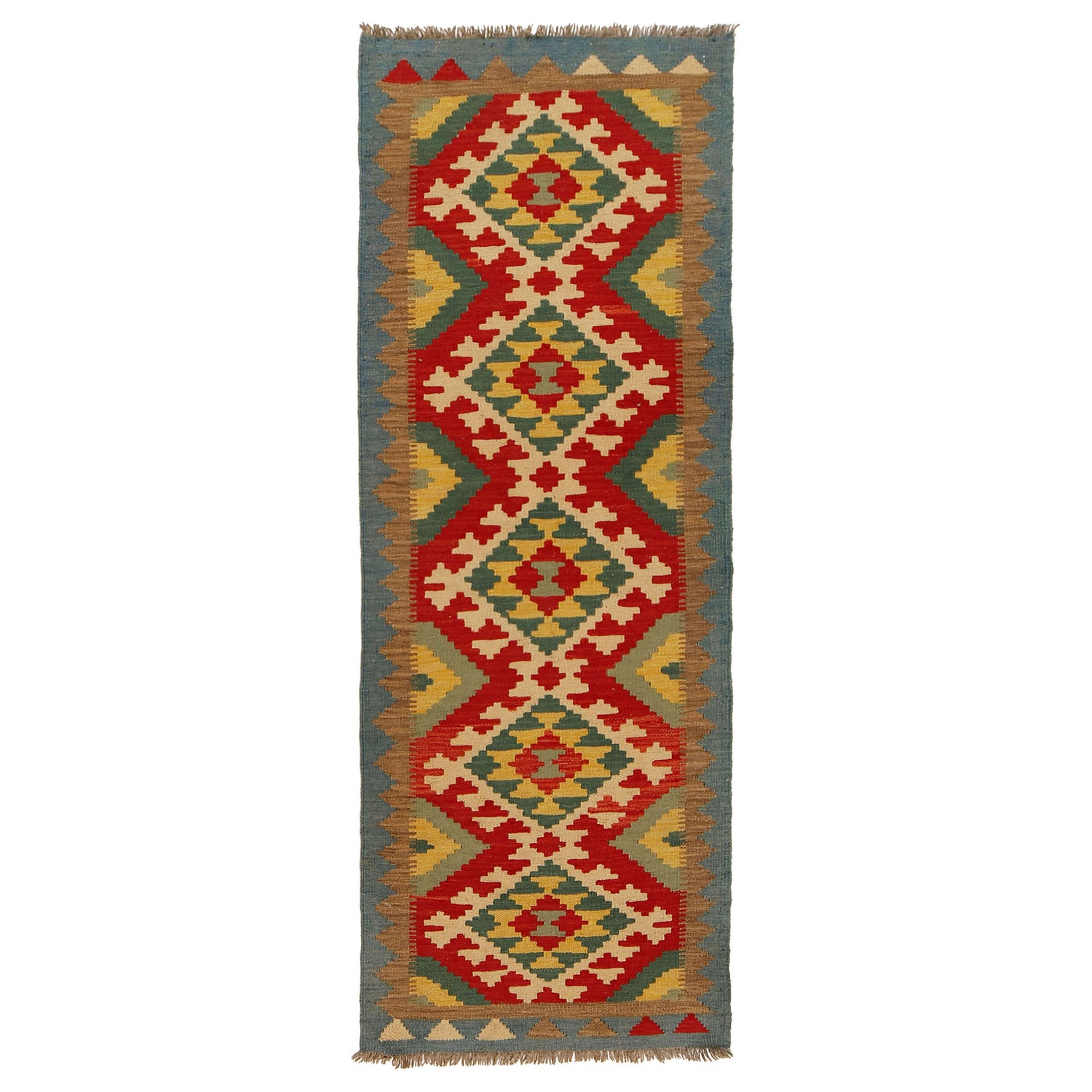 Colorful Flat-Weave Wool Kilim Runner 2' 2"x 6' 7" ft / 65 x 200 cm - No. G31271