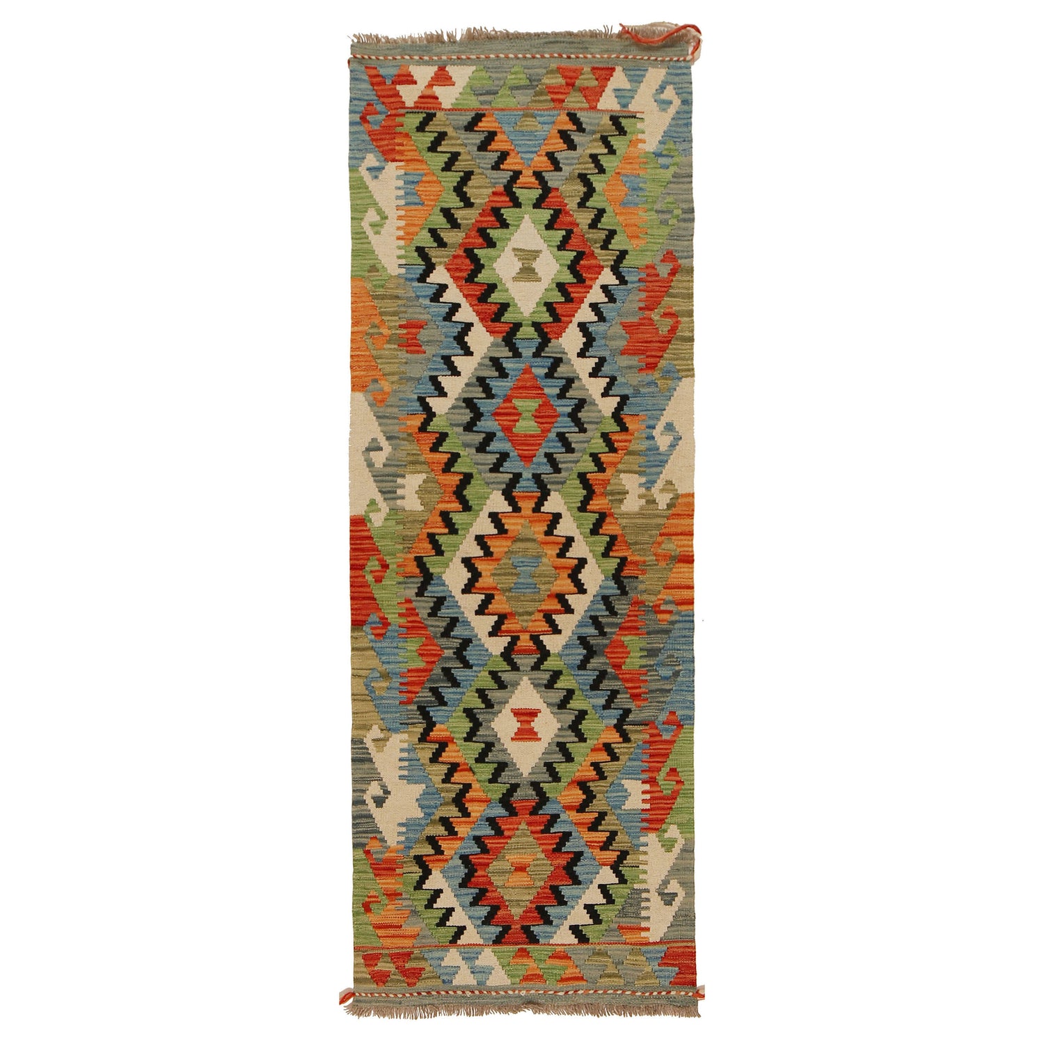Colorful Flat-Weave Wool Kilim Runner 2' 2"x 6' 5" ft / 65 x 196 cm - No. G31273