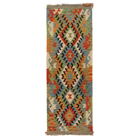 Colorful Flat-Weave Wool Kilim Runner 2' 2"x 6' 5" ft / 65 x 196 cm - No. G31273