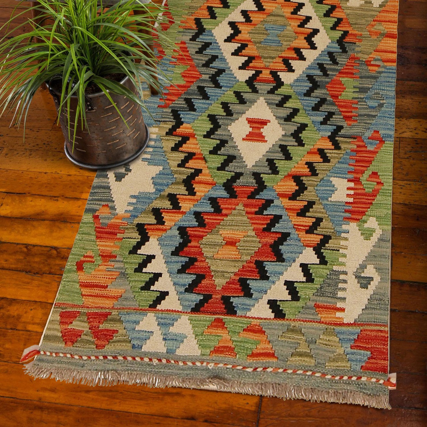 Colorful Flat-Weave Wool Kilim Runner 2' 2"x 6' 5" ft / 65 x 196 cm - No. G31273