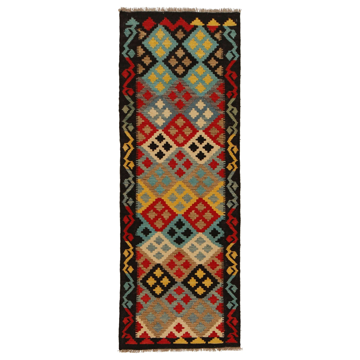 Colorful Flat-Weave Wool Kilim Runner 2' 2"x 6' 6" ft / 67 x 198 cm - No. G31274