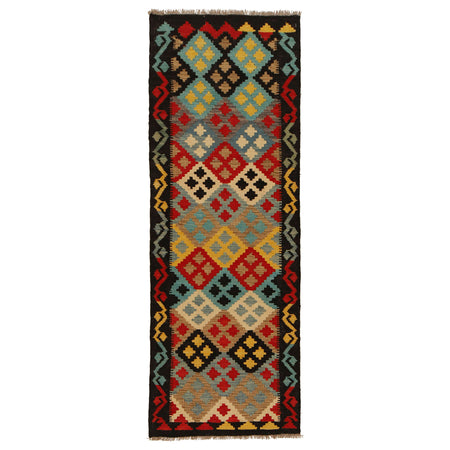 Colorful Flat-Weave Wool Kilim Runner 2' 2"x 6' 6" ft / 67 x 198 cm - No. G31274