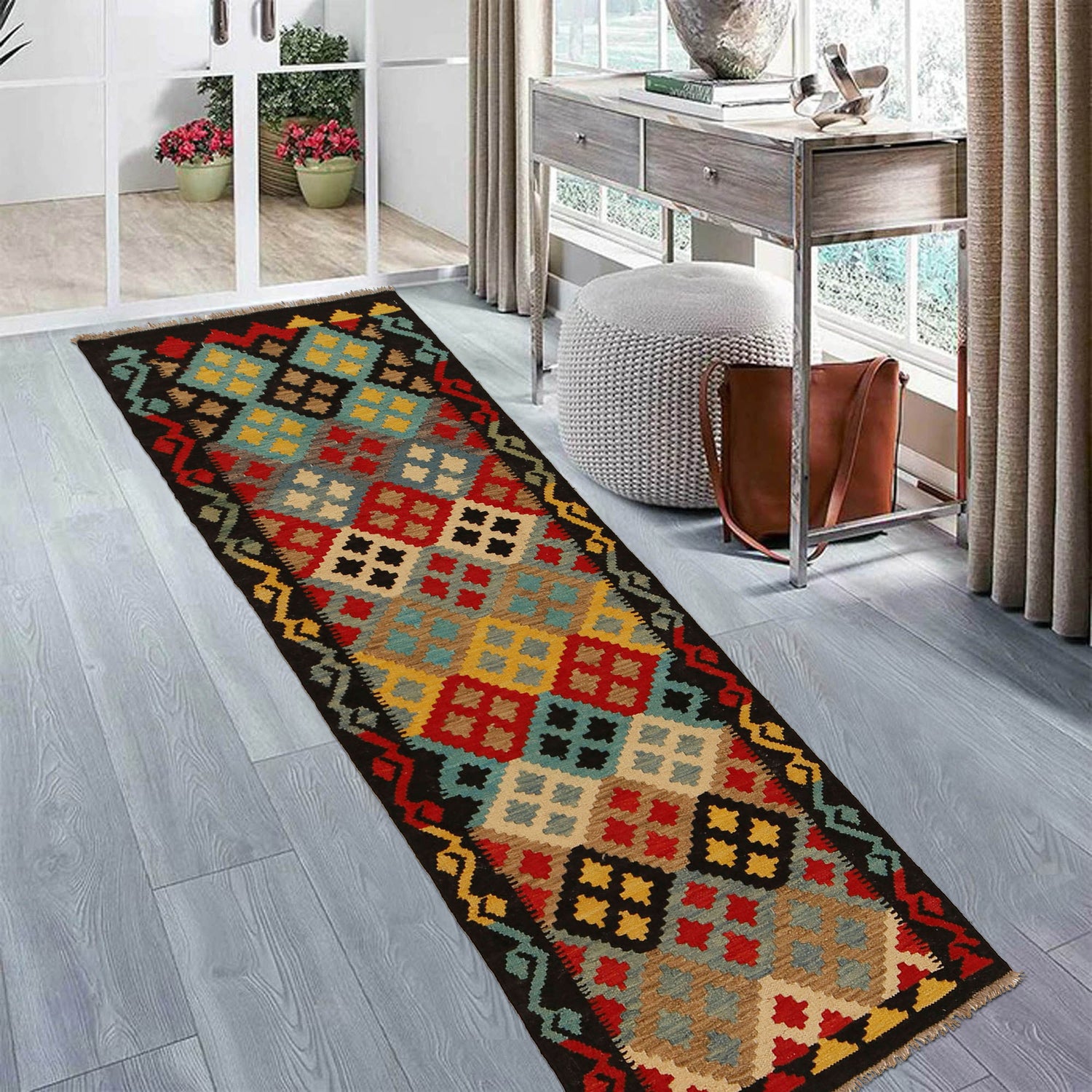 Colorful Flat-Weave Wool Kilim Runner 2' 2"x 6' 6" ft / 67 x 198 cm - No. G31274