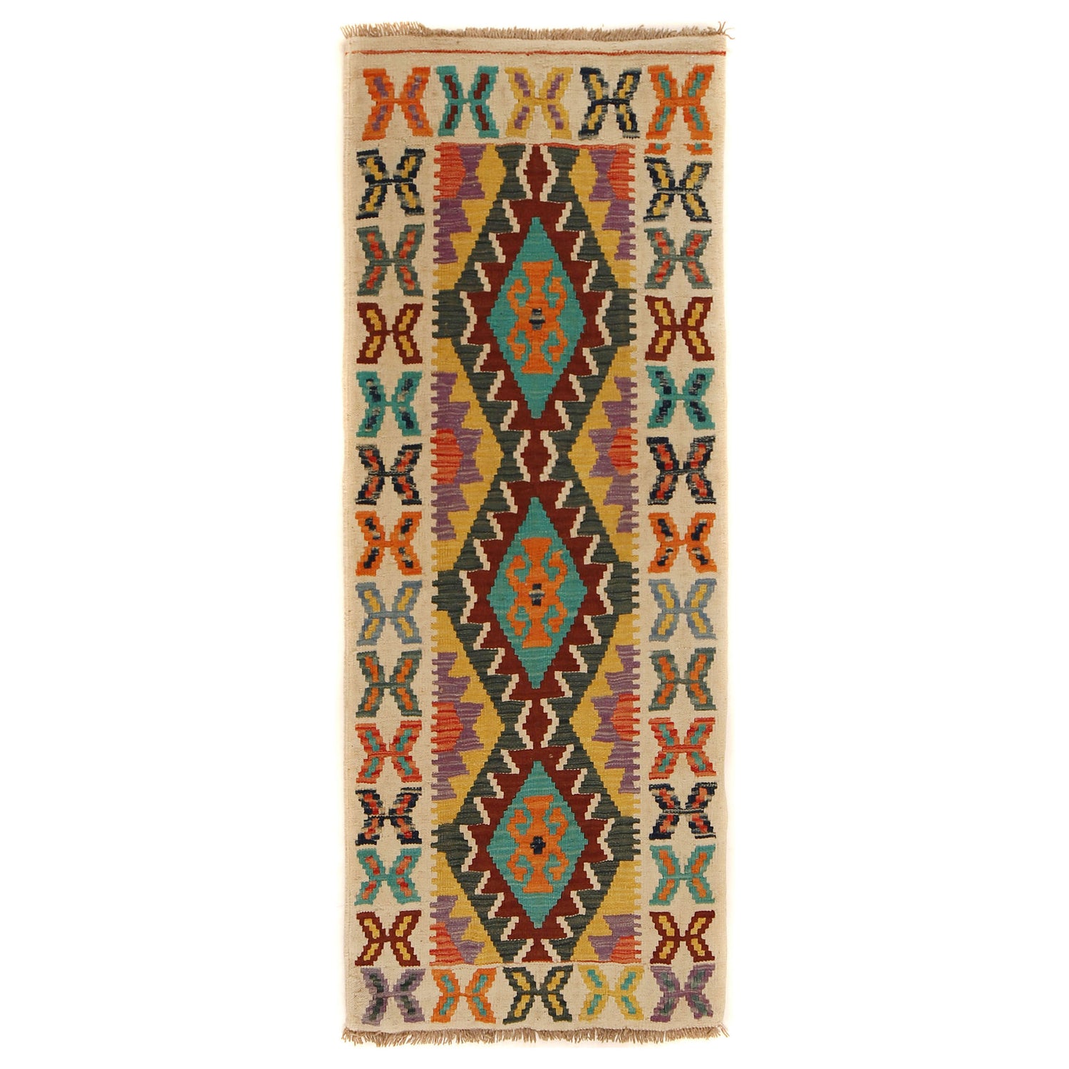 Colorful Flat-Weave Wool Kilim Runner 2' 2" x 5' 9" ft / 66 x 175 cm - No. G31286