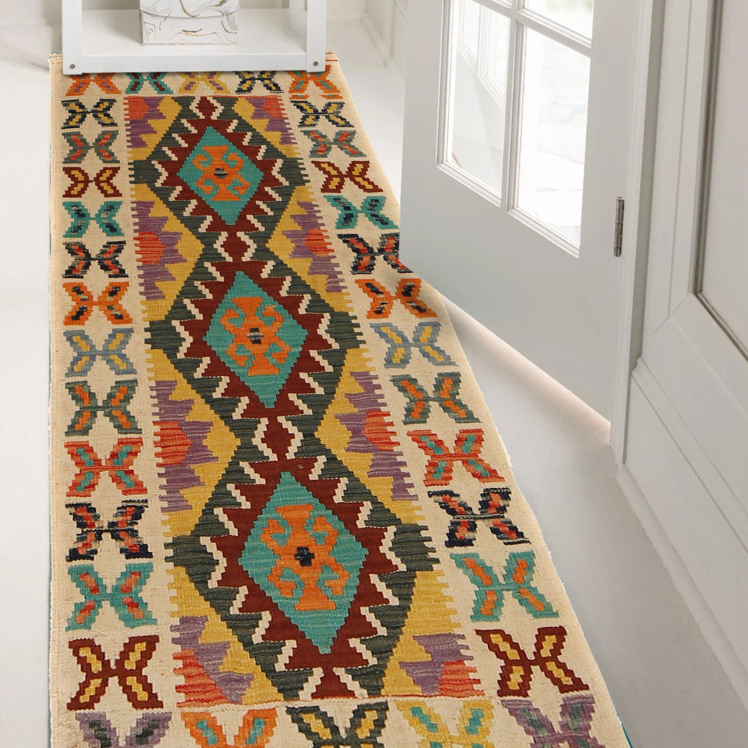 Colorful Flat-Weave Wool Kilim Runner 2' 2" x 5' 9" ft / 66 x 175 cm - No. G31286