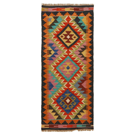 Colorful Flat-Weave Wool Kilim Runner 1' 10" x 4' 7" ft / 56 x 139 cm - No. G31435