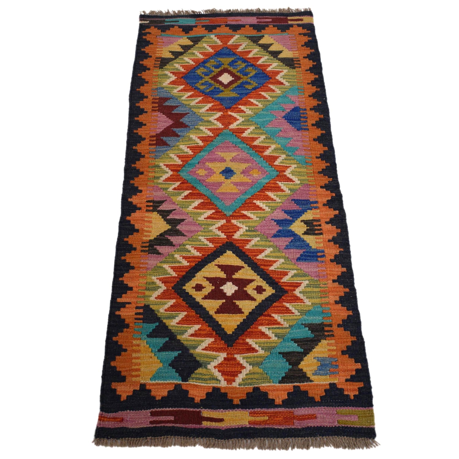 Colorful Flat-Weave Wool Kilim Runner 1' 10" x 4' 7" ft / 56 x 139 cm - No. G31435