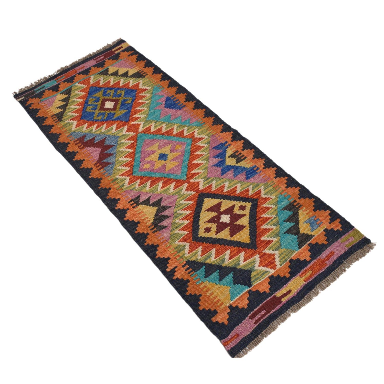 Colorful Flat-Weave Wool Kilim Runner 1' 10" x 4' 7" ft / 56 x 139 cm - No. G31435