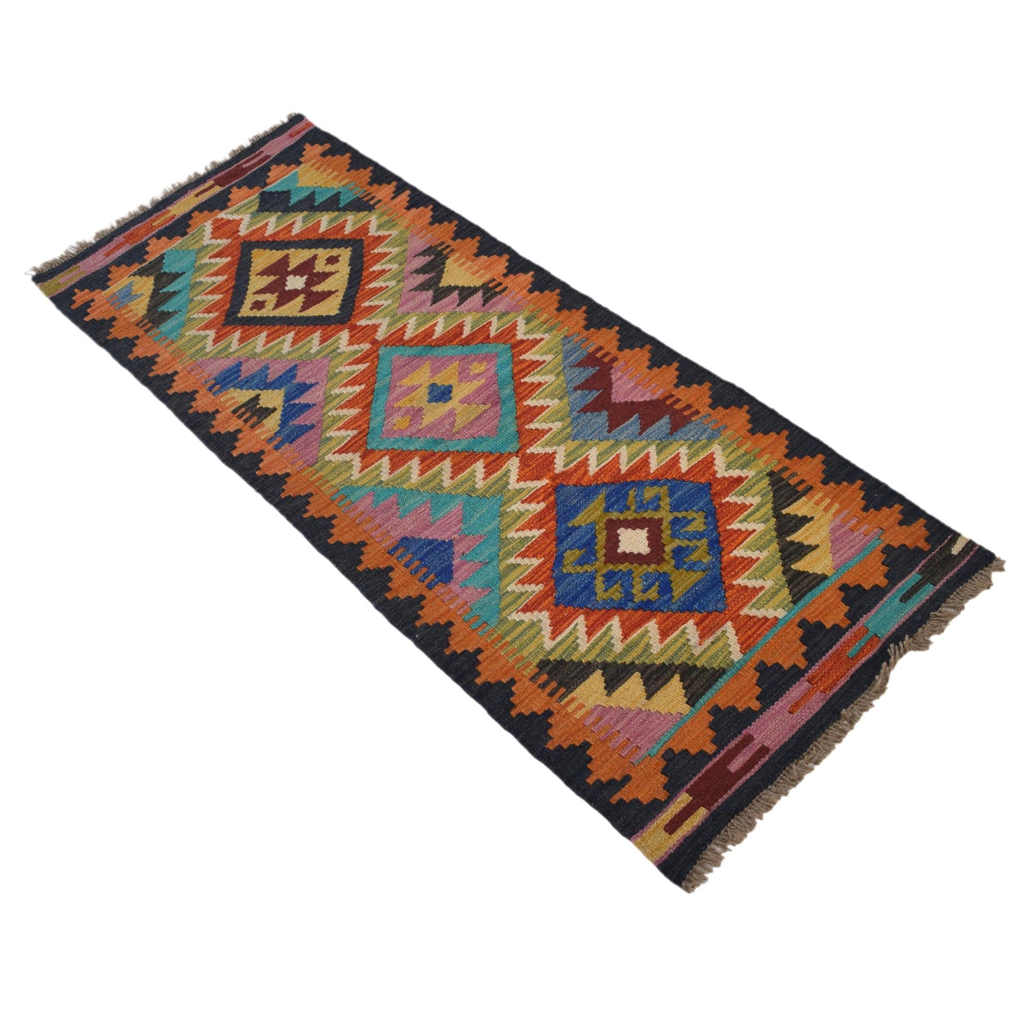 Colorful Flat-Weave Wool Kilim Runner 1' 10" x 4' 7" ft / 56 x 139 cm - No. G31435