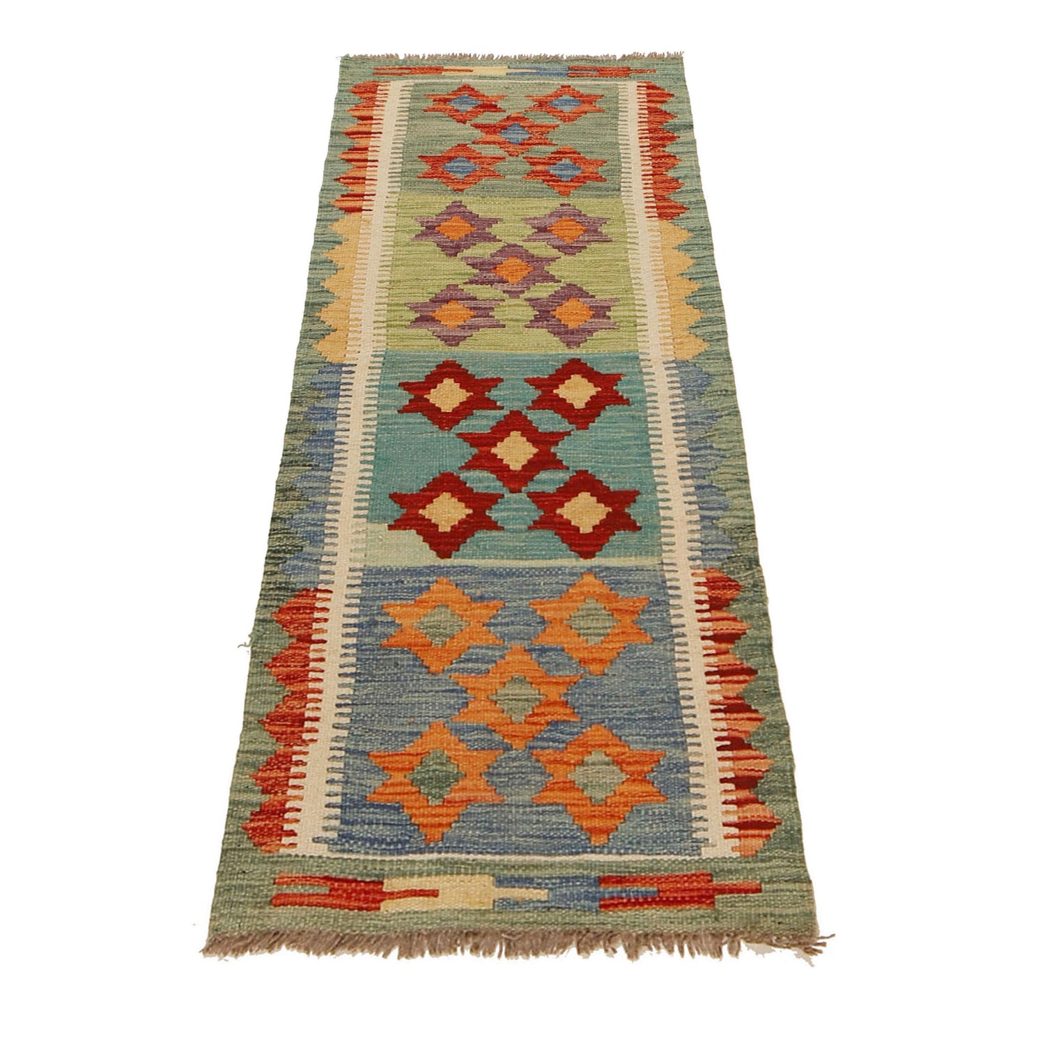 Colorful Flat-Weave Wool Kilim Runner 1' 8" x 4' 8" ft / 52 x 143 cm - No. G31437