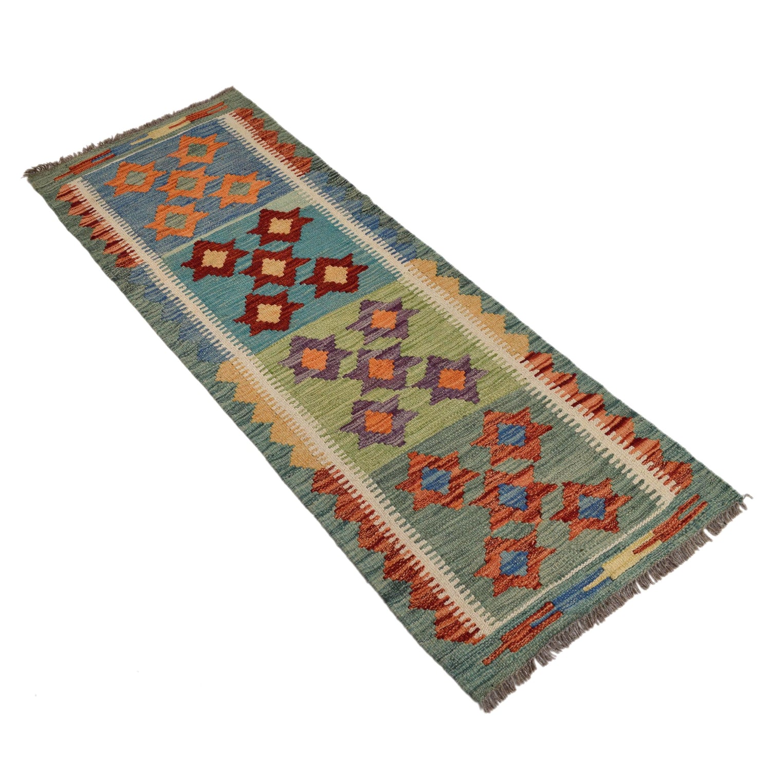 Colorful Flat-Weave Wool Kilim Runner 1' 8" x 4' 8" ft / 52 x 143 cm - No. G31437
