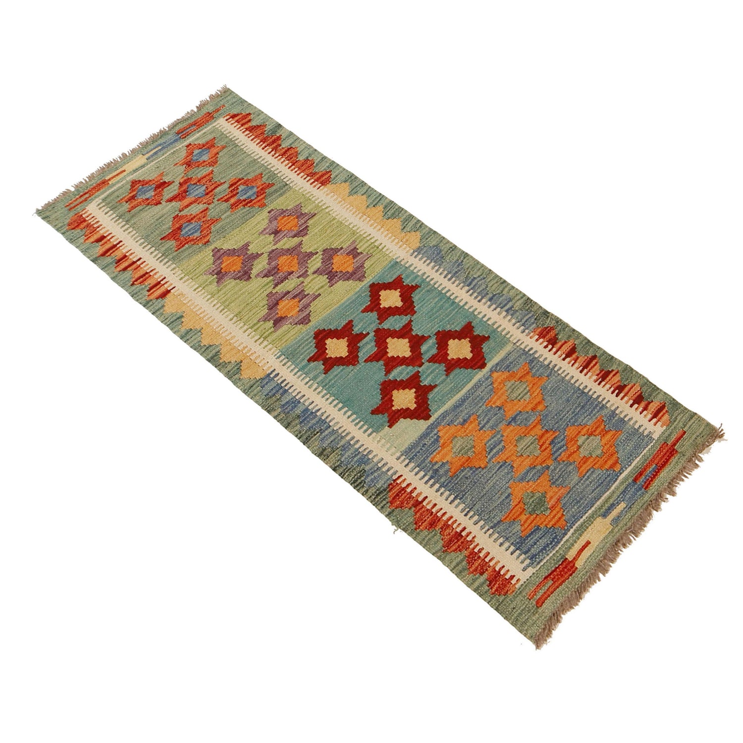 Colorful Flat-Weave Wool Kilim Runner 1' 8" x 4' 8" ft / 52 x 143 cm - No. G31437