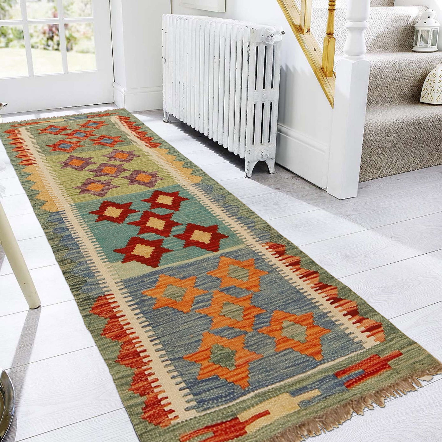 Colorful Flat-Weave Wool Kilim Runner 1' 8" x 4' 8" ft / 52 x 143 cm - No. G31437