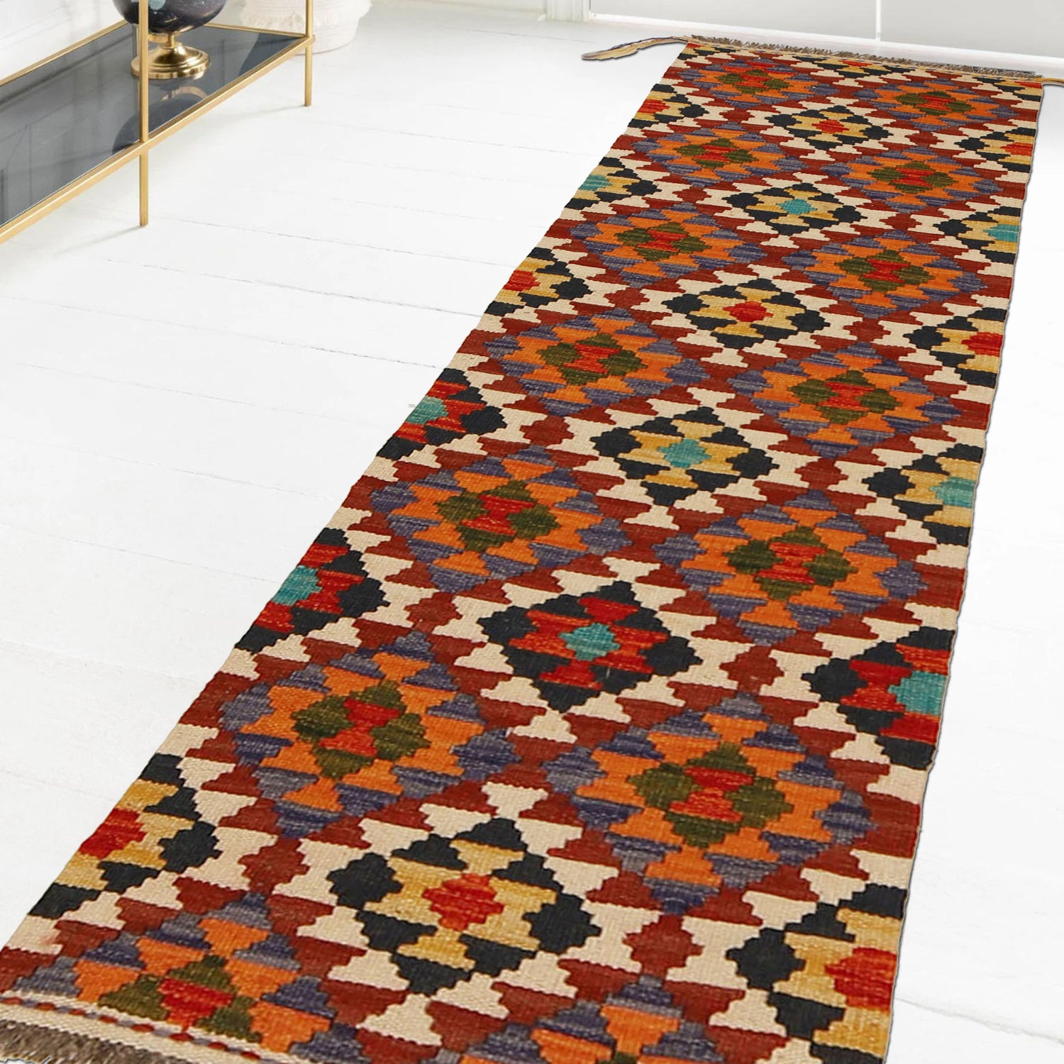 Colorful Flat-Weave Wool Kilim Runner 1' 7" x 5' 1" ft / 48 x 155 cm - No. G31438