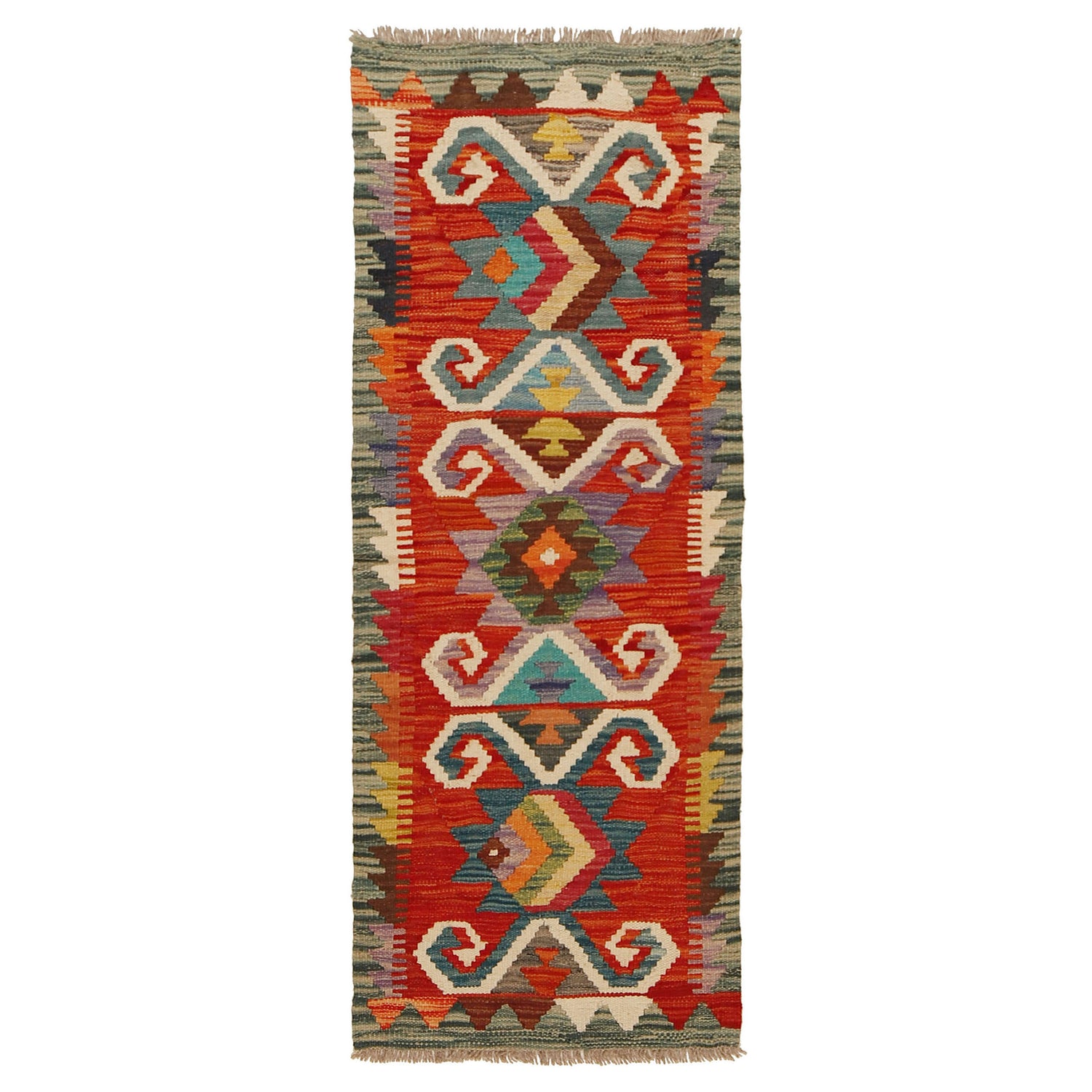 Colorful Flat-Weave Wool Kilim Runner 1' 8" x 4' 10" ft / 51 x 147 cm - No. G31439
