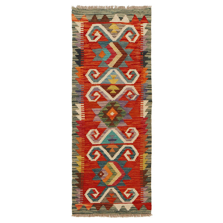 Colorful Flat-Weave Wool Kilim Runner 1' 8" x 4' 10" ft / 51 x 147 cm - No. G31439