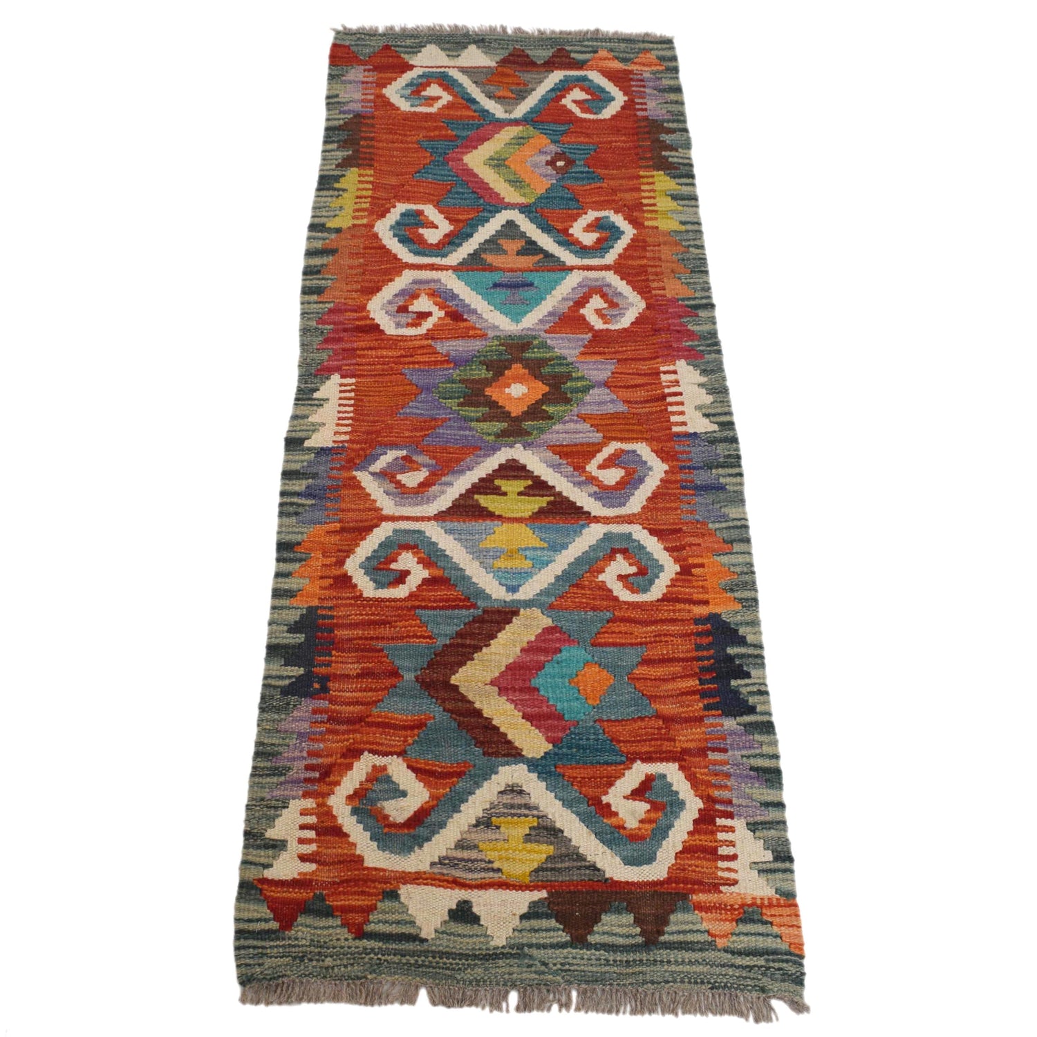 Colorful Flat-Weave Wool Kilim Runner 1' 8" x 4' 10" ft / 51 x 147 cm - No. G31439