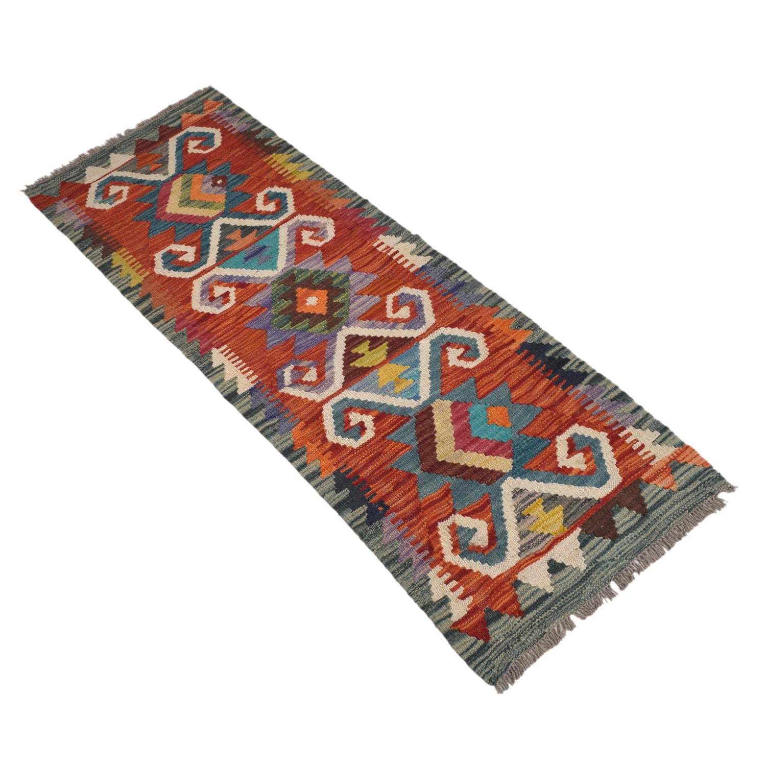 Colorful Flat-Weave Wool Kilim Runner 1' 8" x 4' 10" ft / 51 x 147 cm - No. G31439