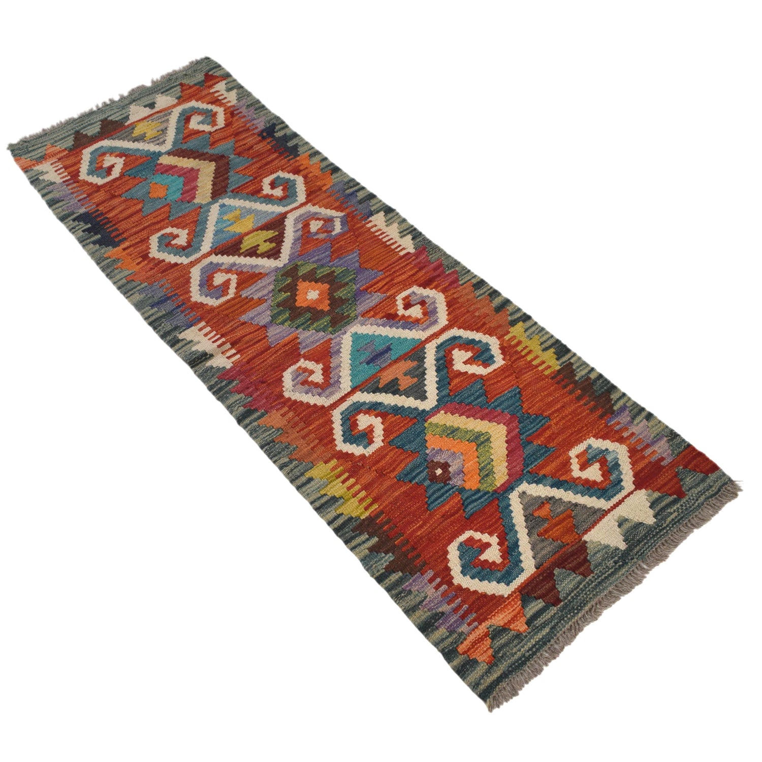 Colorful Flat-Weave Wool Kilim Runner 1' 8" x 4' 10" ft / 51 x 147 cm - No. G31439