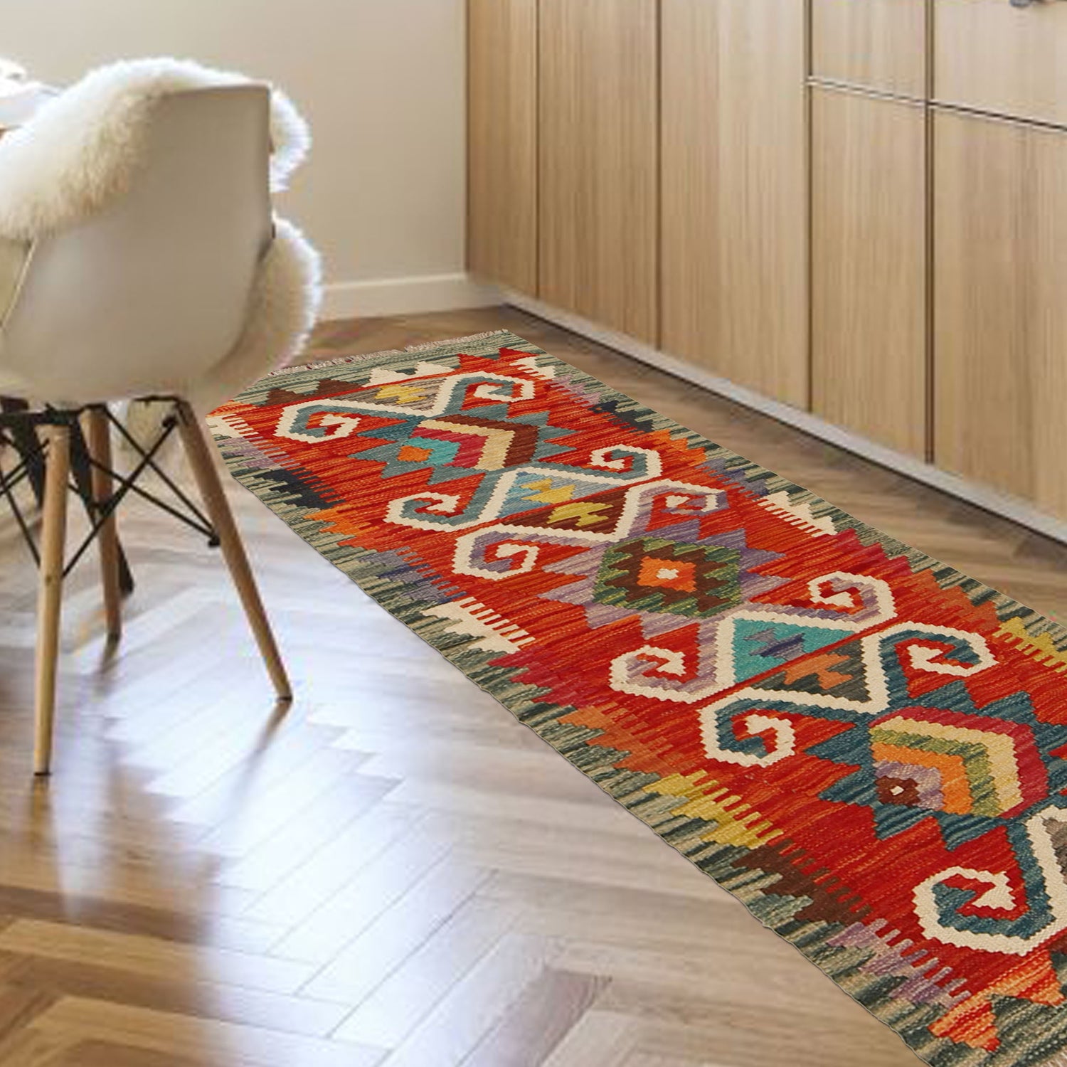 Colorful Flat-Weave Wool Kilim Runner 1' 8" x 4' 10" ft / 51 x 147 cm - No. G31439