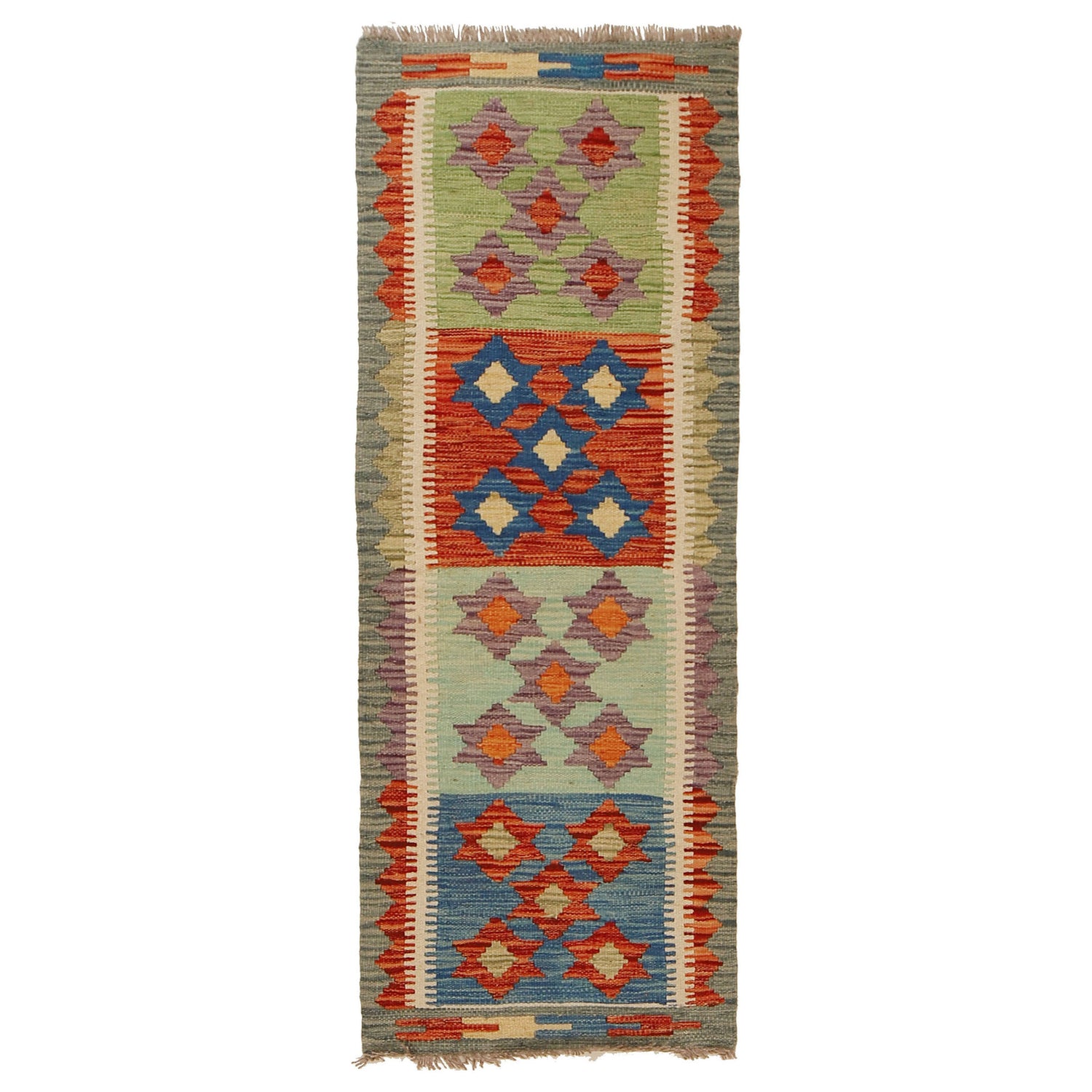 Colorful Flat-Weave Wool Kilim Runner 1' 8" x 4' 9" ft / 52 x 145 cm - No. G31440