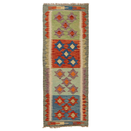 Colorful Flat-Weave Wool Kilim Runner 1' 8" x 4' 9" ft / 52 x 145 cm - No. G31440