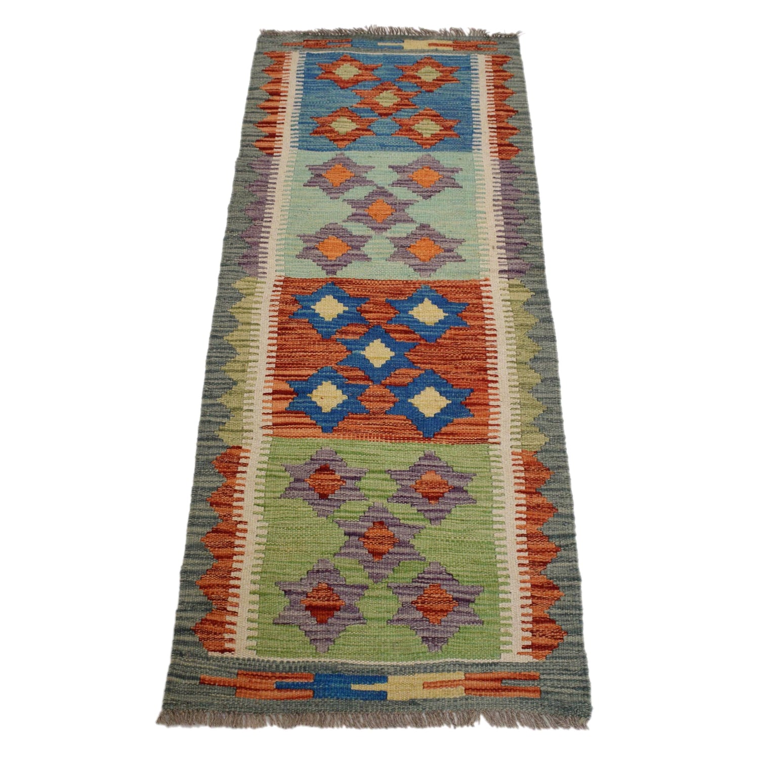 Colorful Flat-Weave Wool Kilim Runner 1' 8" x 4' 9" ft / 52 x 145 cm - No. G31440
