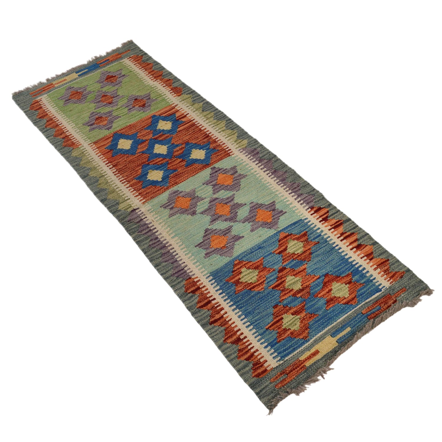 Colorful Flat-Weave Wool Kilim Runner 1' 8" x 4' 9" ft / 52 x 145 cm - No. G31440