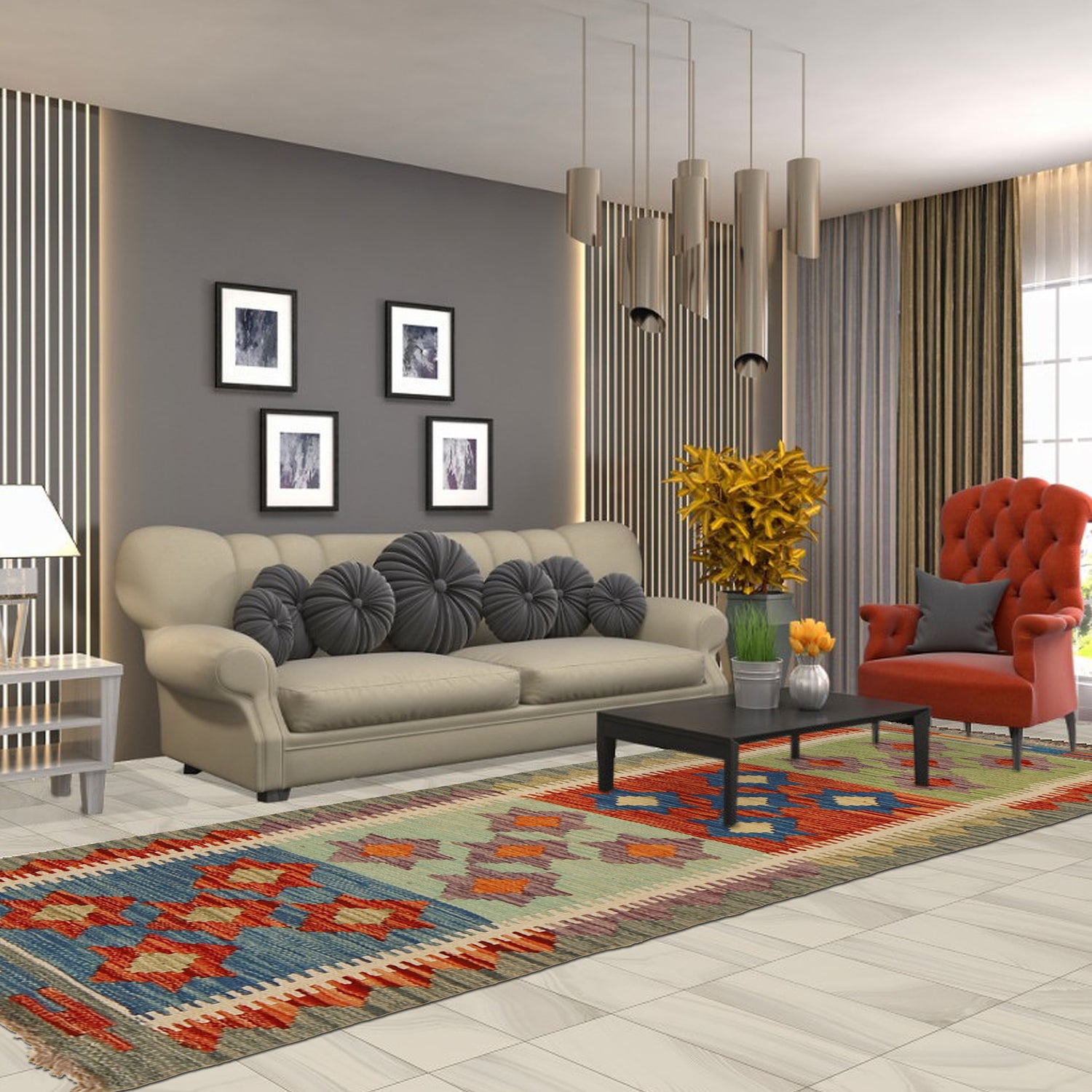 Colorful Flat-Weave Wool Kilim Runner 1' 8" x 4' 9" ft / 52 x 145 cm - No. G31440