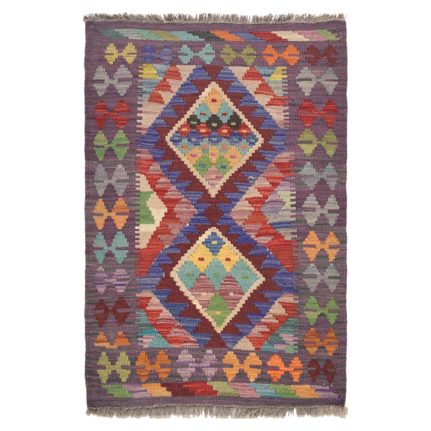 Colorful Flat-Weave Wool Kilim 2' 1 x 2' 11" ft / 64 x 90 cm - No. G31507