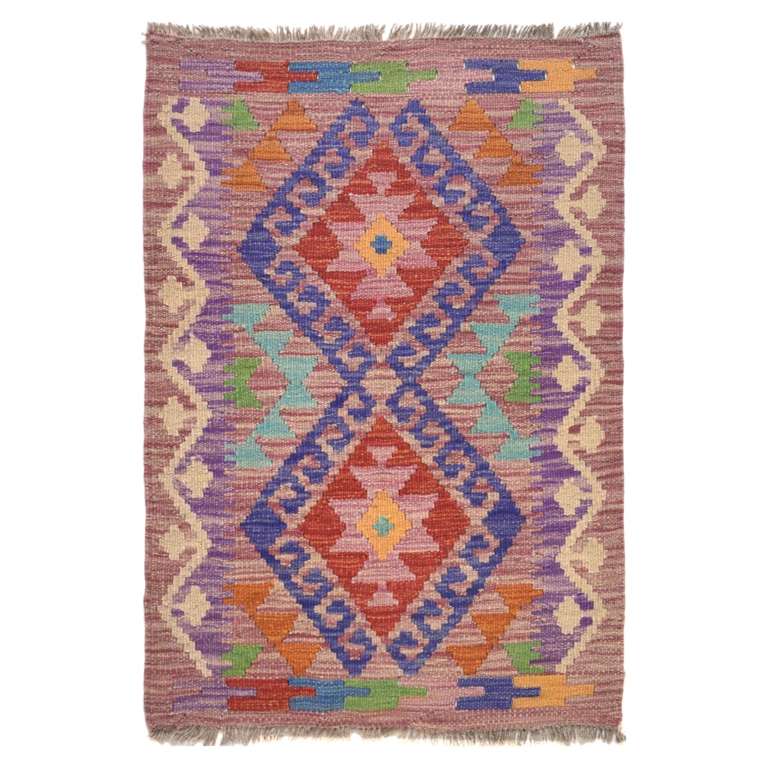 Colorful Flat-Weave Wool Kilim 2' 0 x 2' 11" ft / 62 x 90 cm - No. G31508