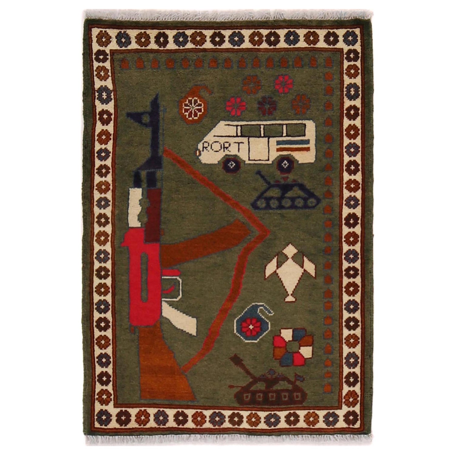 Green Color War Rug 2' 0" x 2' 11" ft / 62 x 88 cm - No. G31703