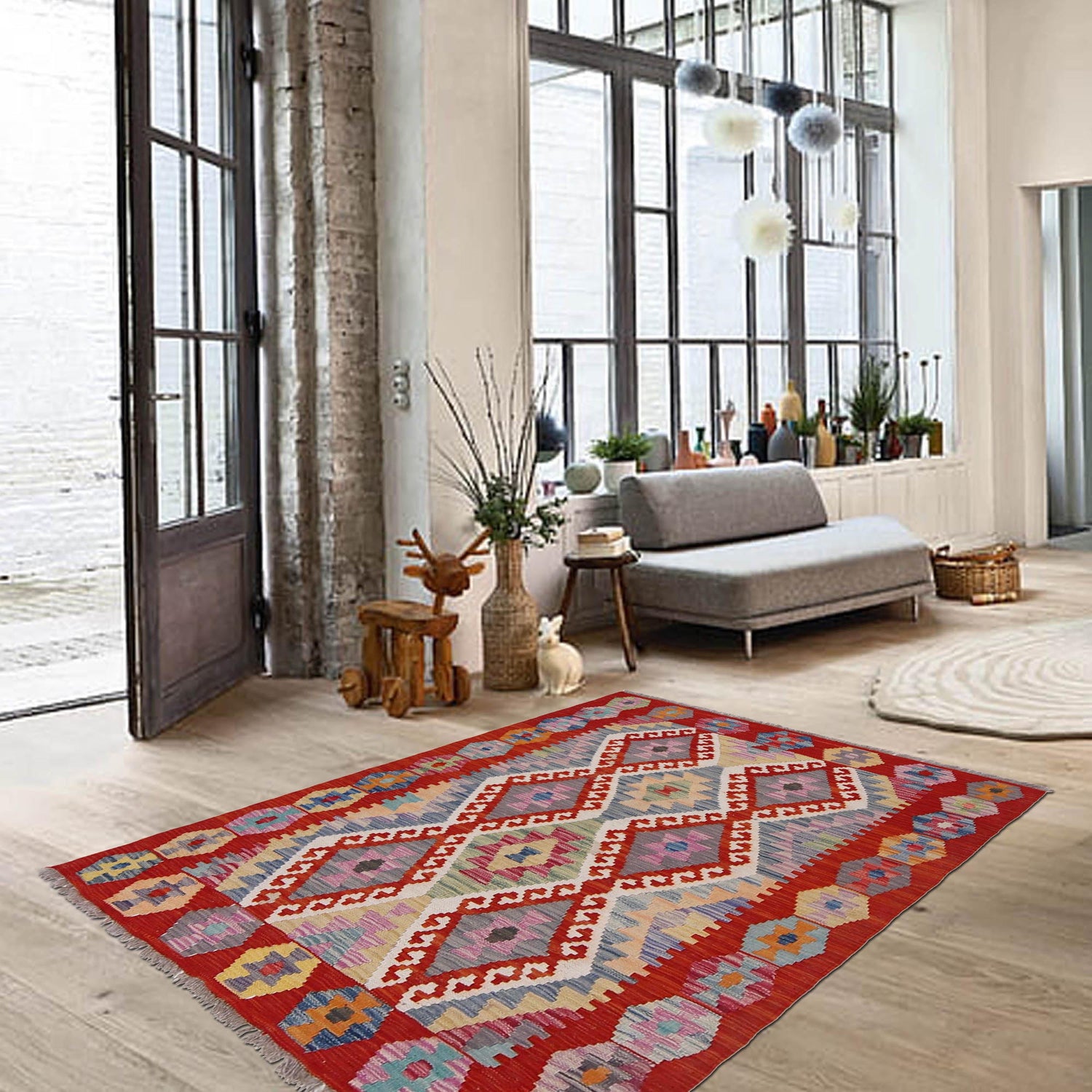 Handmade Turkish Design Wool Kilim 3' 6" x 4' 11" ft / 106 x 150 cm - No. G31764