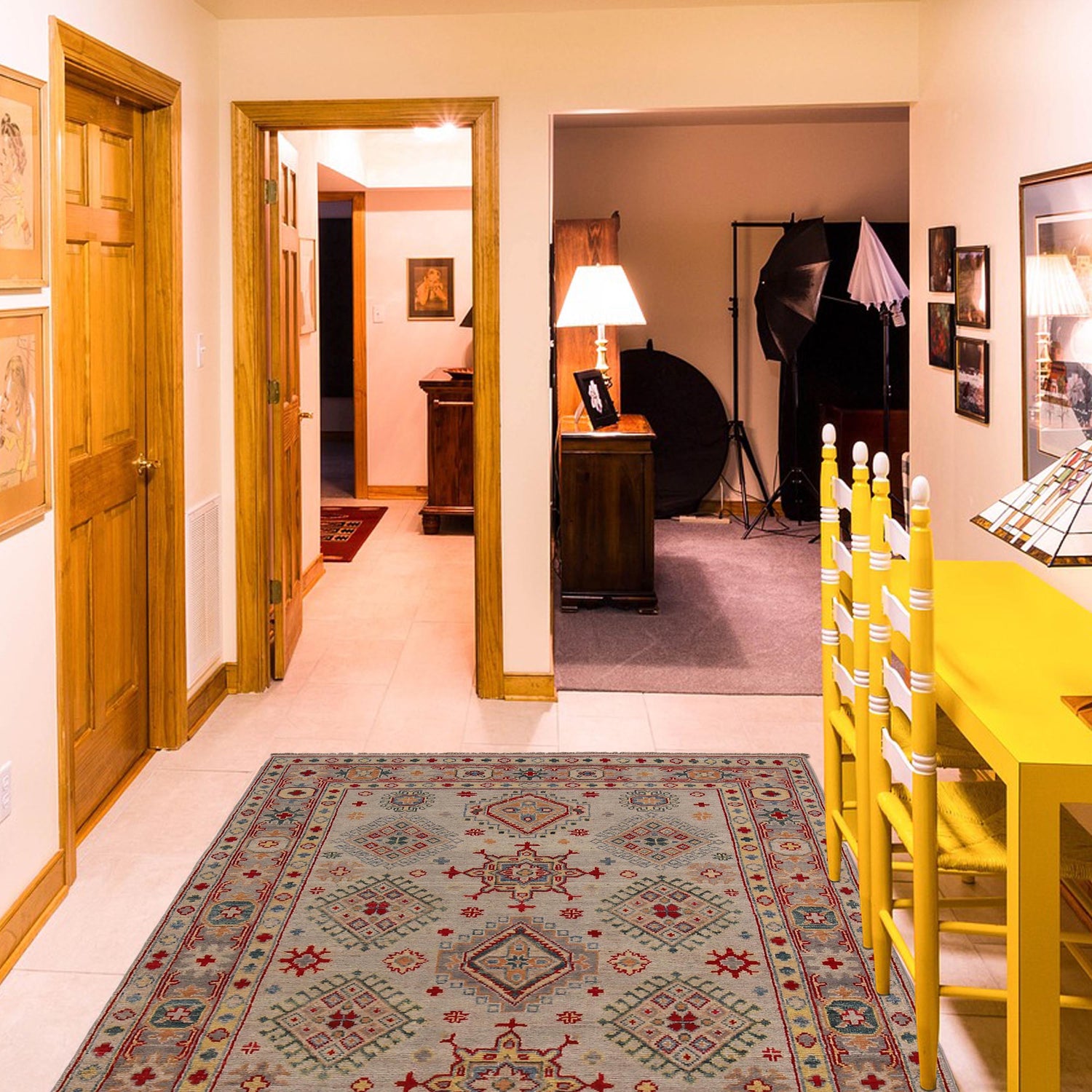 Handmade Kazak Area Rug 4' 1" x 6' 1" ft / 125 x 185 cm - No. G34007