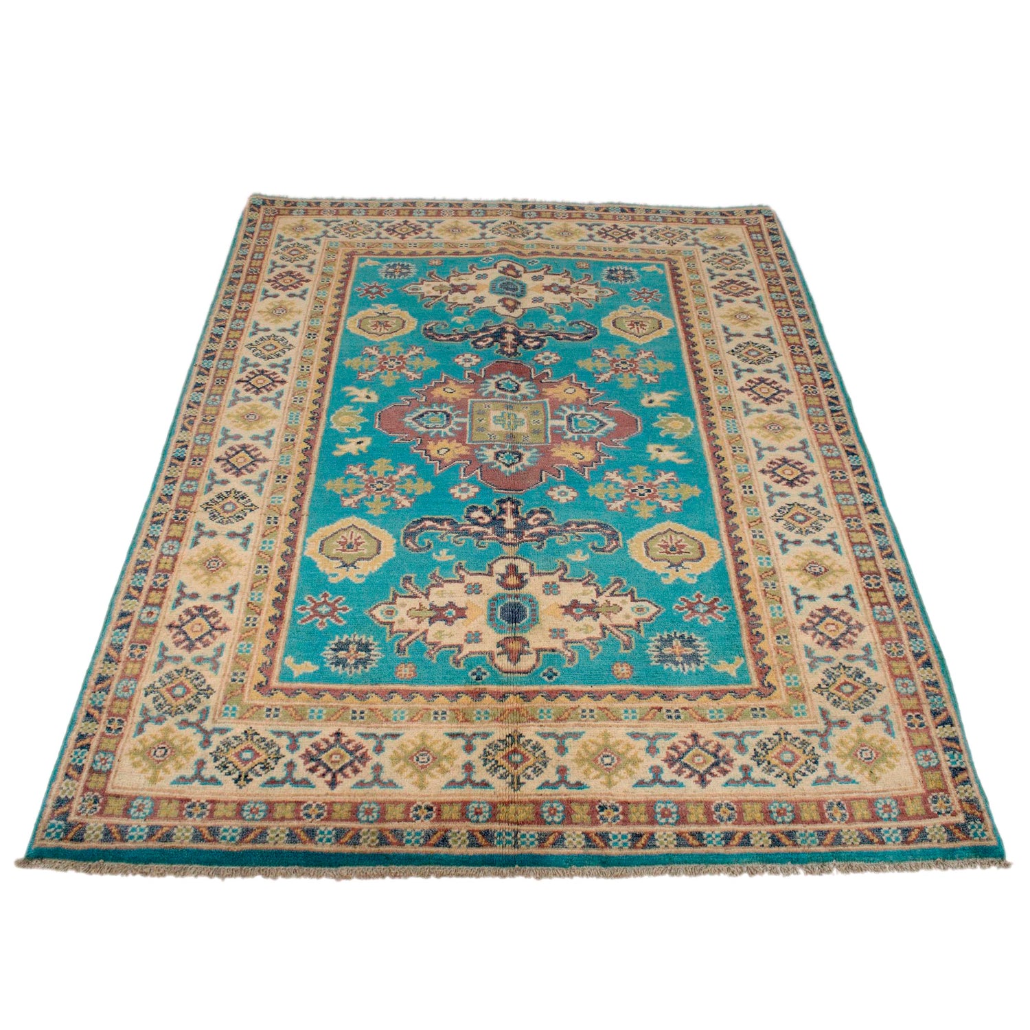 Handmade Kazak Area Rug 4' 0" x 5' 5" ft / 123 x 165 cm - No. G34022