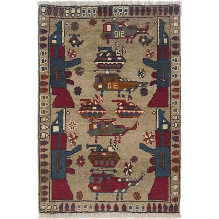 Hand-Knotted Afghan War Carpet 2' 1" x 2' 9" ft / 64 x 84 cm - No. G34415