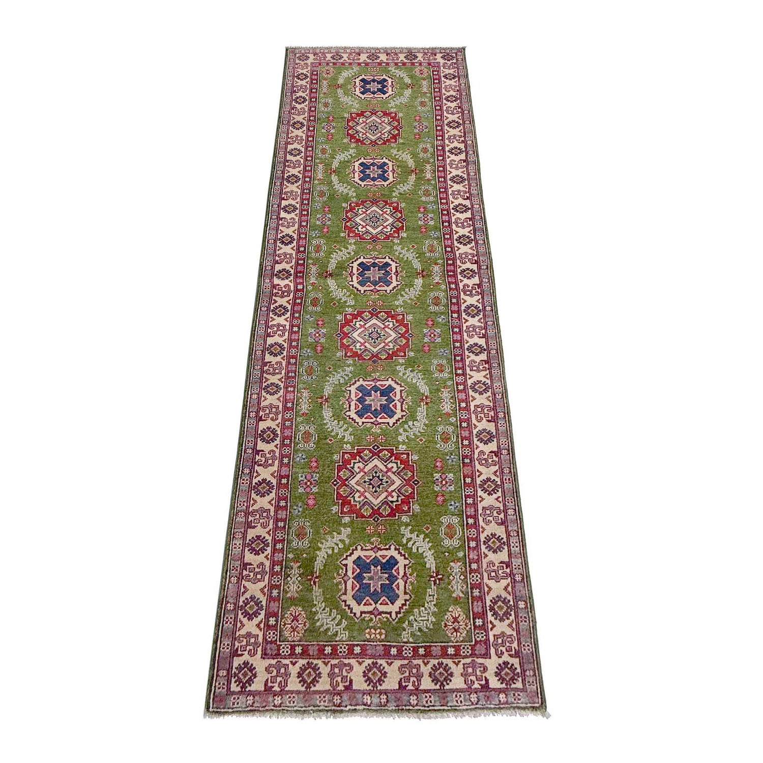 Green Color Kazak Runner Rug 2' 8" x 9' 11" ft / 82 x 301 cm - No. G37570
