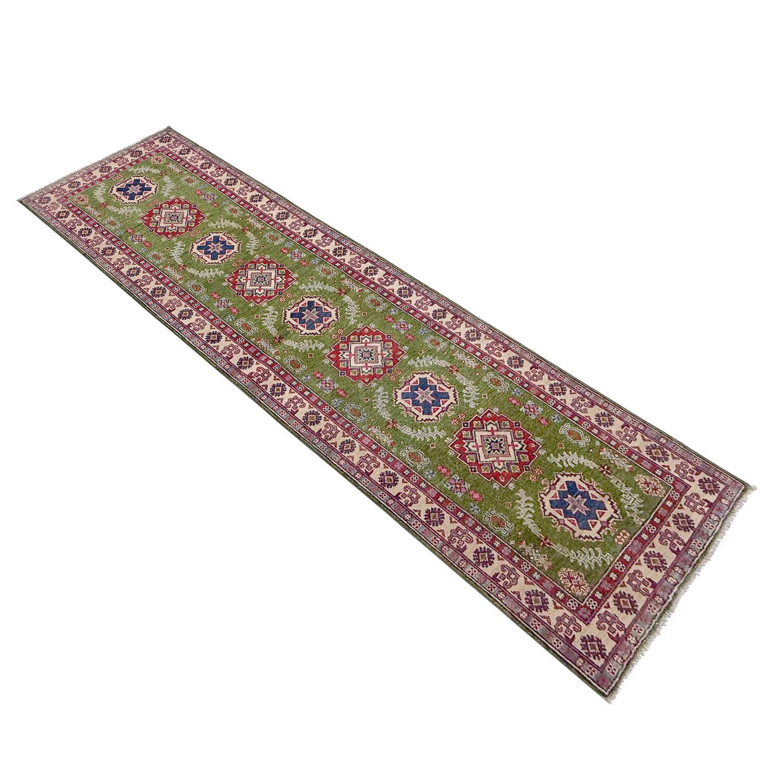 Green Color Kazak Runner Rug 2' 8" x 9' 11" ft / 82 x 301 cm - No. G37570