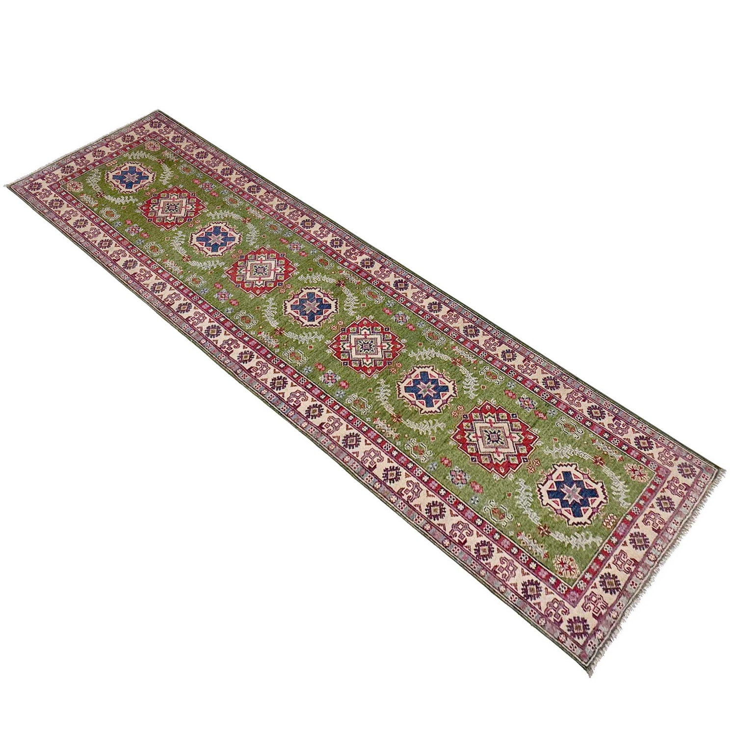 Green Color Kazak Runner Rug 2' 8" x 9' 11" ft / 82 x 301 cm - No. G37570