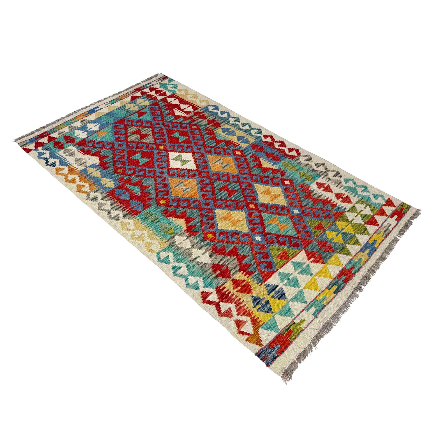 Multi Color ful Flat-Weave Wool Kilim 3' 1" x 5' 9" ft / 95 x 174 cm - No. G38576