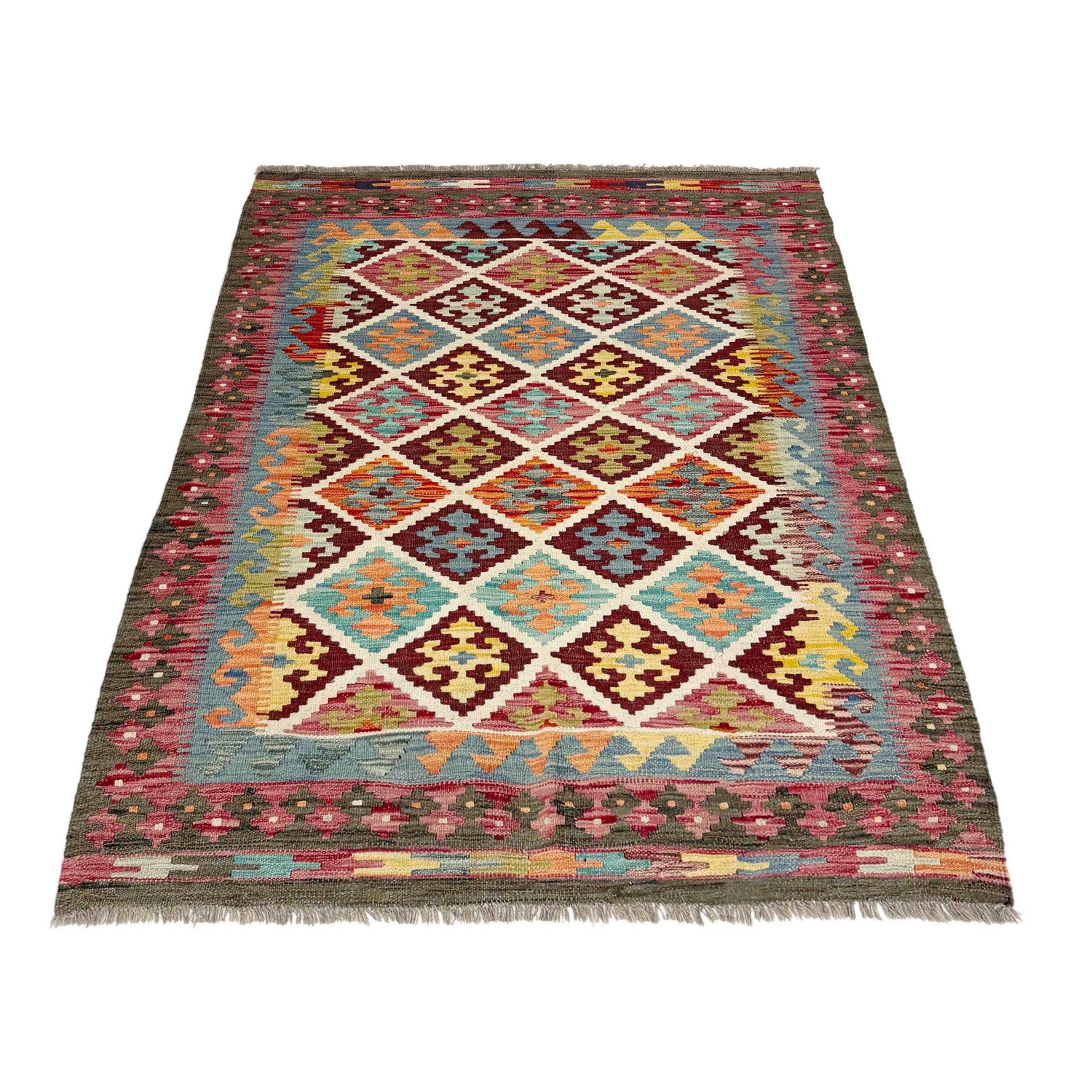 Hand Knotted Afghan Style Kilim 4' 2" x 5' 9" ft / 127 x 174 cm - No. G38903