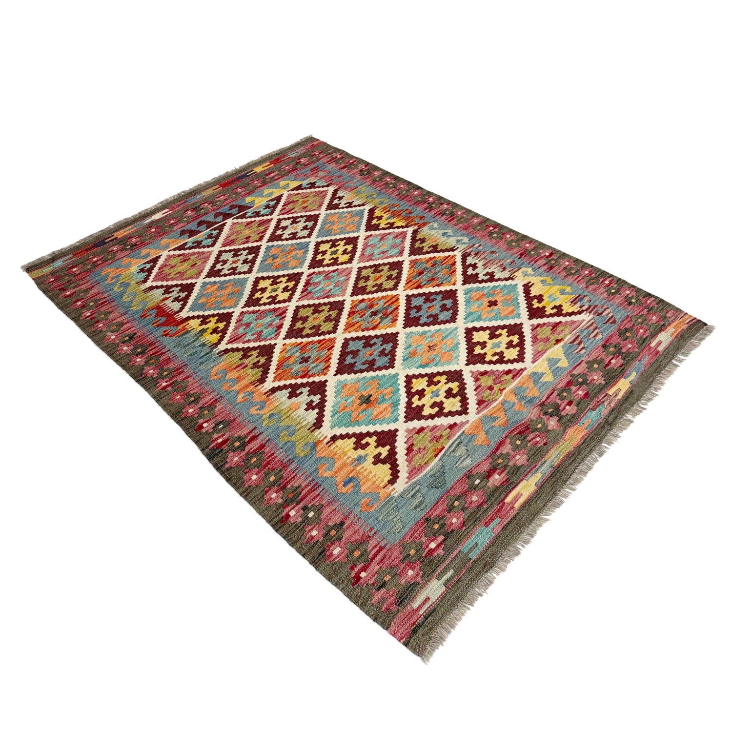 Hand Knotted Afghan Style Kilim 4' 2" x 5' 9" ft / 127 x 174 cm - No. G38903
